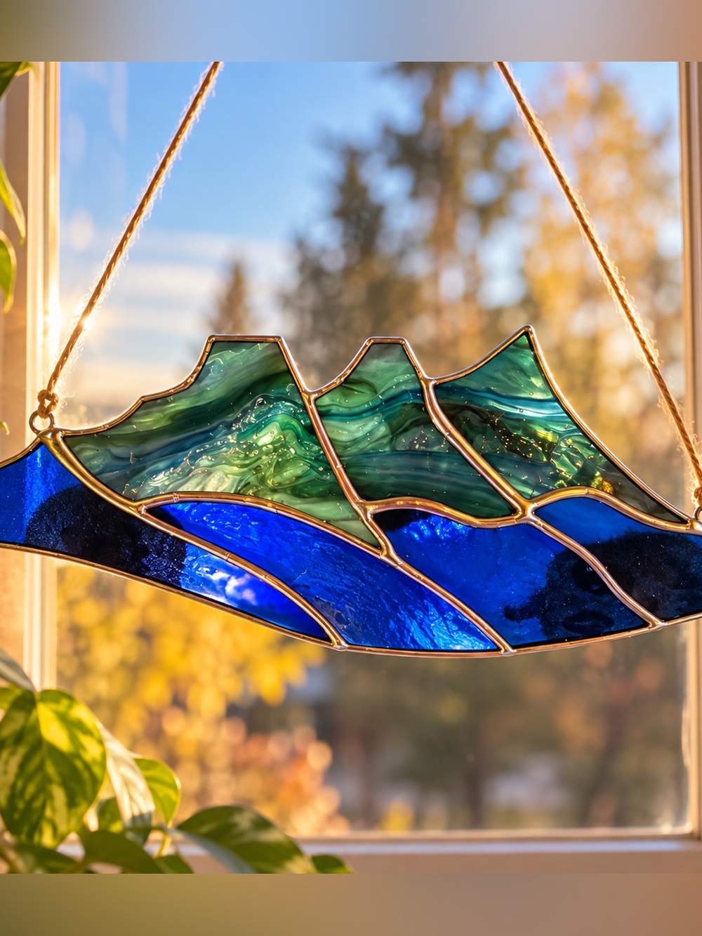 Handmade Stained Glass Mountain and Ocean Suncatcher - Blue & Green